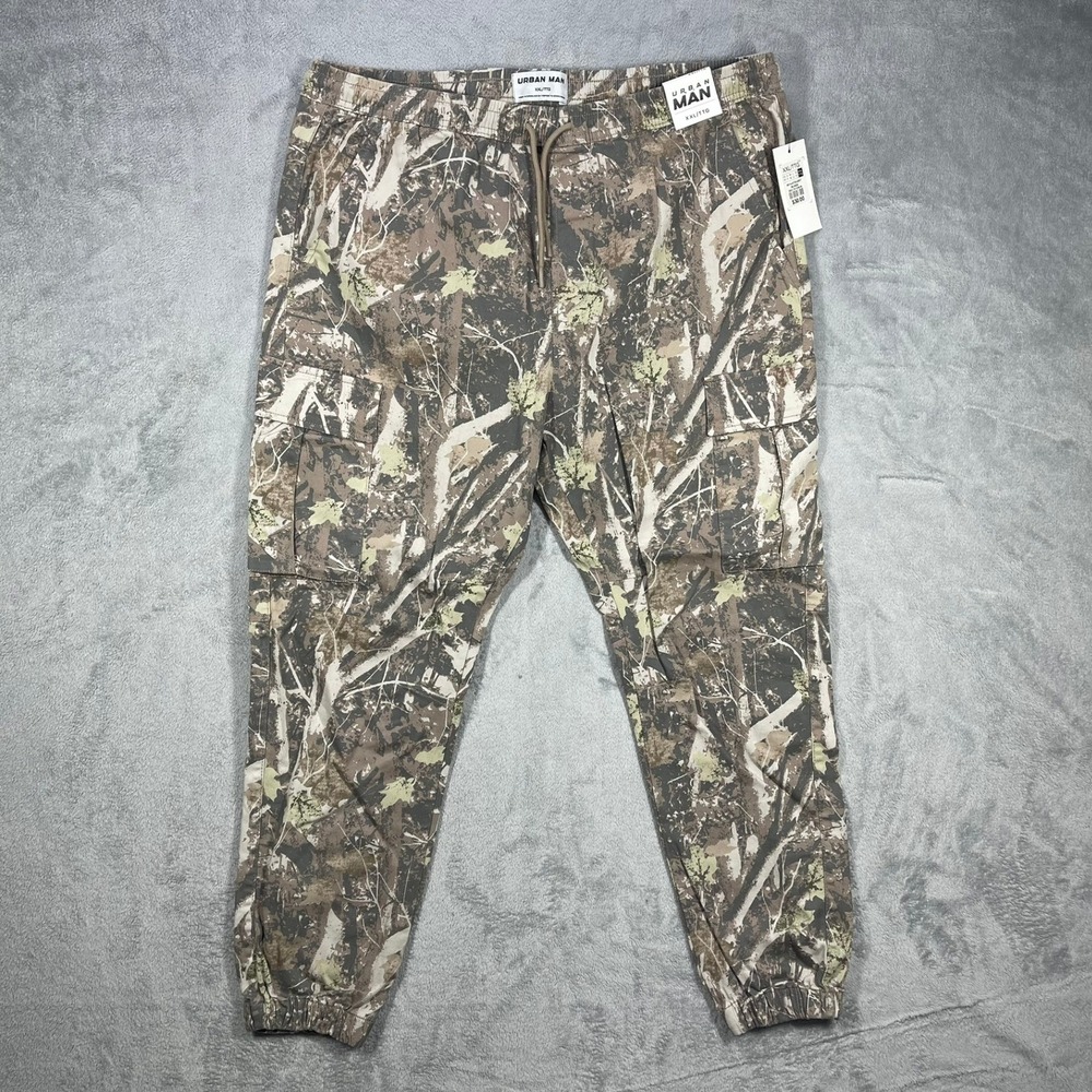 Urban Man Cargo Joggers Men XXL Brown Camo Leaf Print Tapered Utility Pants NEW